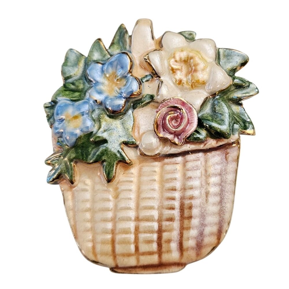 Glazed Ceramic Flower Basket Brooch C960
